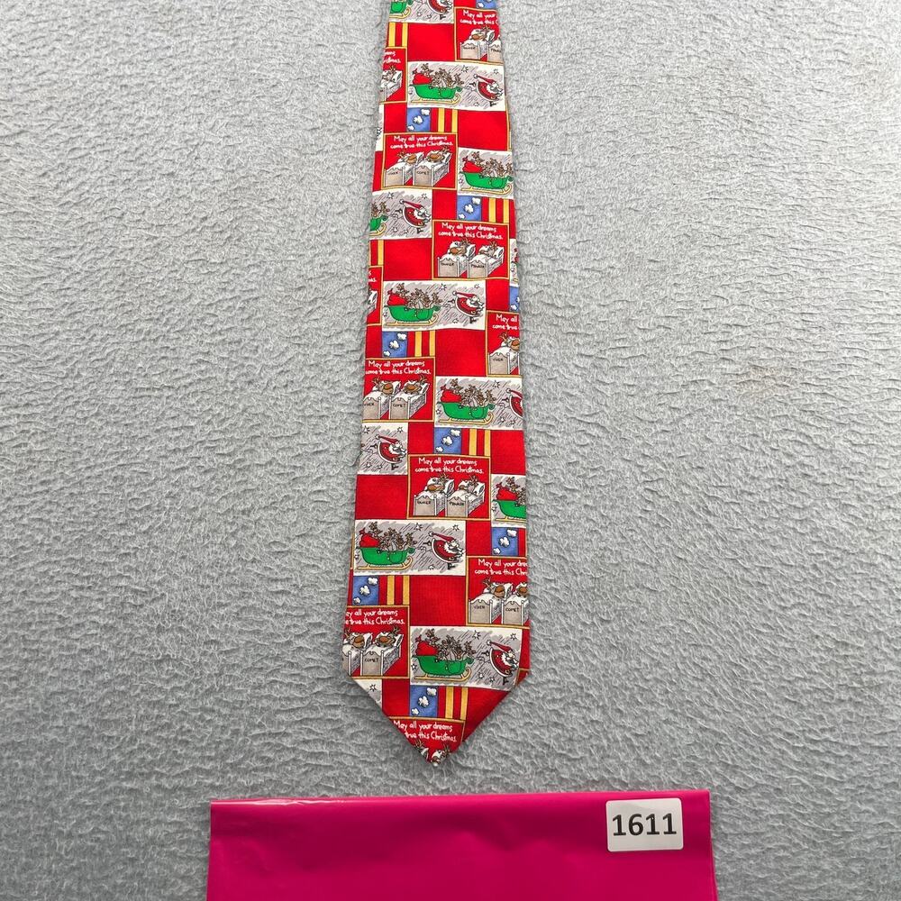 Christmas Print Silk Neck Tie Shoe Box Red Santa Clause Holiday Red